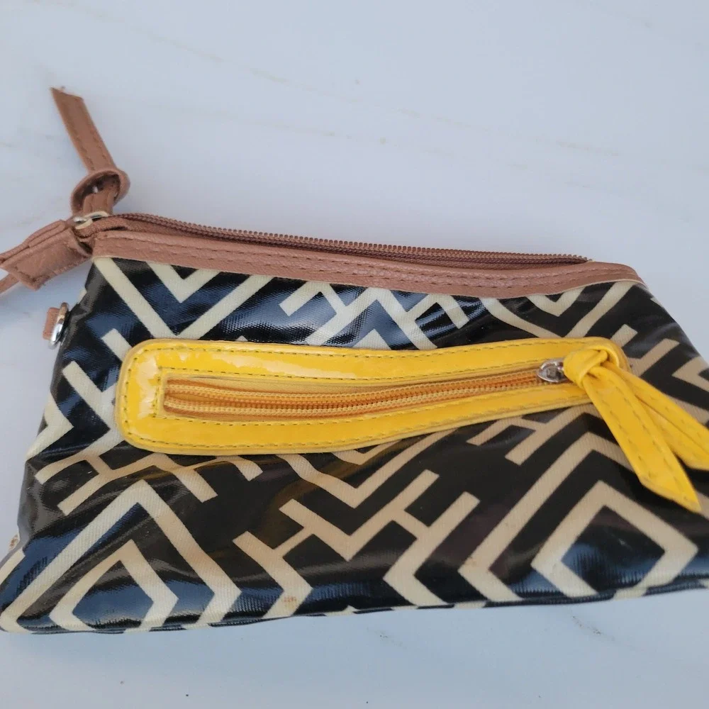 Geometric Coated Canvas Zipper Pouch Black Yellow Tribal‎ Pattern Makeup Bag